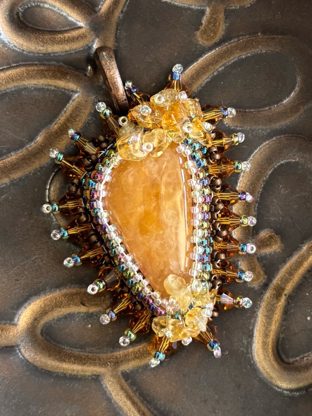 Handmade Orange Aventurine & Citrine Bead Embroidered Pendant